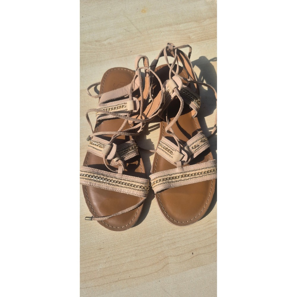 Franco Sarto Womens Tan Gladiator Sandals Lace Up Gold Chain Detail Flat Strappy